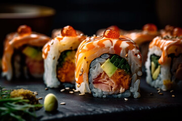 rolls with salmon, avocado and red caviar close-up ai generation