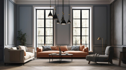 Fototapeta premium Panorama of luxury living room and dining area with sofa,armchair. Generative Ai