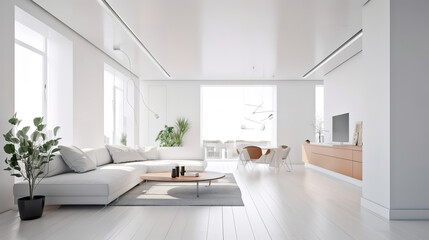 Naklejka na ściany i meble Interior of modern white apartment panorama 3d render. Generative Ai