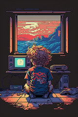 DIGITAL PIXEL ART drawing of retro technology and game play. Generative ai