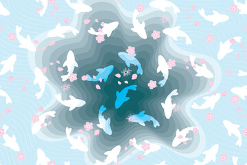 Illustration abstract of blue pool and fish with flower on water surface background.
