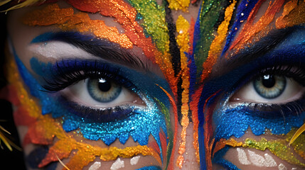 Colorful festival face paint, blue eyes, eye contact