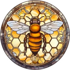Photo sur Plexiglas Coloré Round stained-glass illustration of a honey bee in a stained-glass/mosaic frame. AI-generated art.