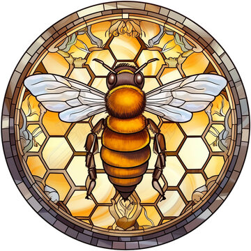 Round stained-glass illustration of a honey bee in a stained-glass/mosaic frame. AI-generated art.