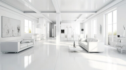 Fototapeta na wymiar White apartment interior panorama 3d, Bright color. Generative Ai