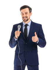 Male journalist with microphone showing thumb-up on white background