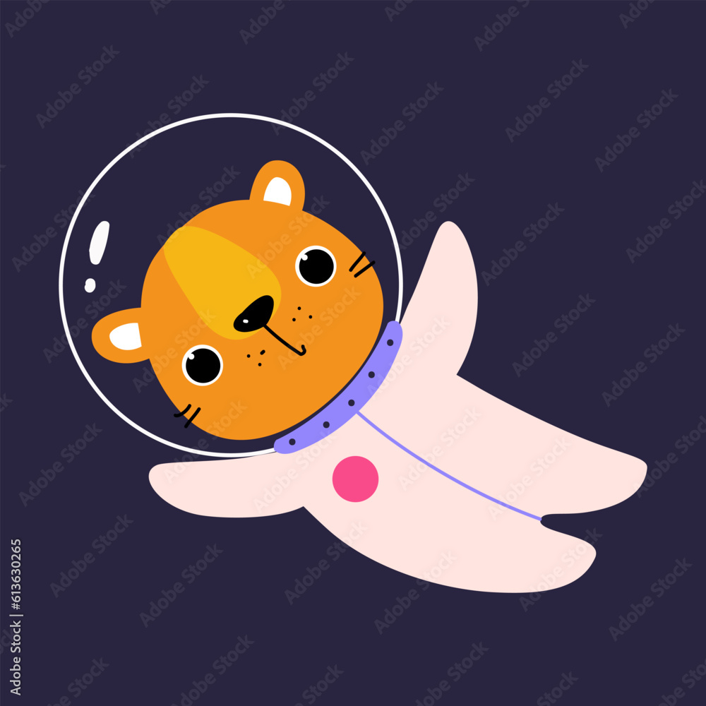 Poster space adventure with tiger astronaut in spacesuit floating exploring galaxy vector illustration