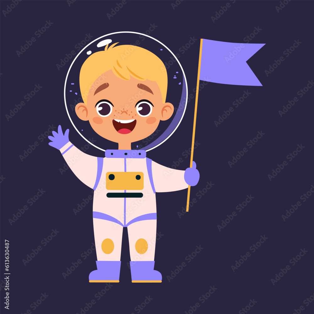 Poster space adventure with little boy astronaut in spacesuit with flag exploring galaxy vector illustratio