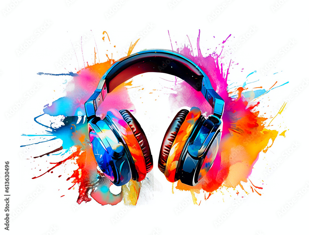 Poster drawing headphones with paint splatter isolated on white background. generated by ai.