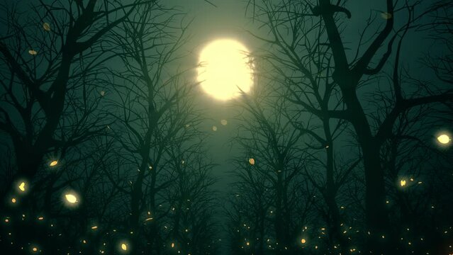 Rays of moonlight illuminate the falling leaves in the autumn forest. 3D animation. Seamless looped. 4k. 3840x2160.