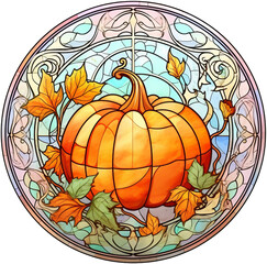 Round stained-glass illustration of a fall pumpkin in a stained-glass/mosaic frame. AI-generated art.