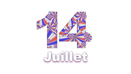 A white stencil, 14 cut-outs, behind blue-white-red roundels of various sizes. The word July written underneath. The French national holiday; July 14 corresponds to Bastille Day.