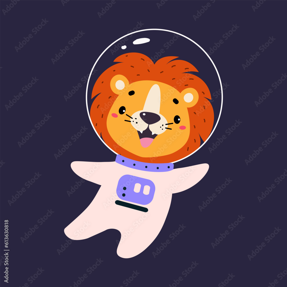 Poster space adventure with lion astronaut in spacesuit floating exploring galaxy vector illustration