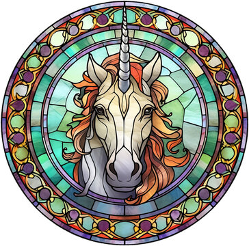 Round Stained-glass Illustration Of A Unicorn In A Stained Glass/mosaic Frame. AI-generated Art.