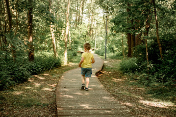 A boy in a yellow T-shirt runs along a wooden path in the forest. Summer background.