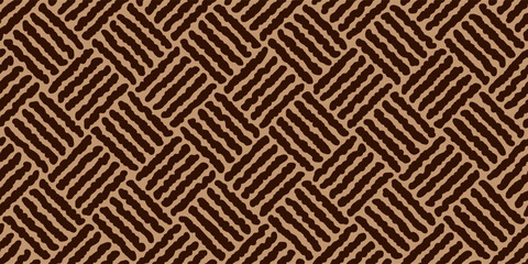 Naklejka premium Brown diagolnal rough basketweave seamless pattern. Basket weave bamboo rug or doormat with sloppy texture. Simple monochrome background. Vector abstract illustration