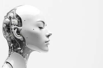 Futuristic woman android robot. Mechanical female portrait profile side view isolated on white flat background with copy space. Generative AI 3d render illustration imitation. Banner template.
