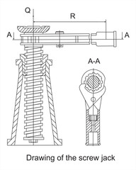 Vector drawing of a steel mechanical device (screw
jack). Engineering cad scheme. Technical background.