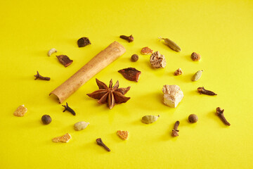 A mixture of spices for making mulled wine. Preparation of a hot alcoholic drink.