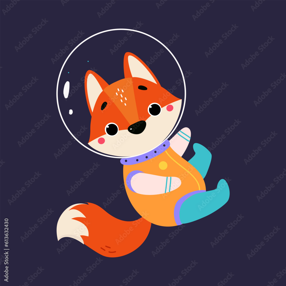 Aufkleber space adventure with fox astronaut in spacesuit floating exploring galaxy vector illustration