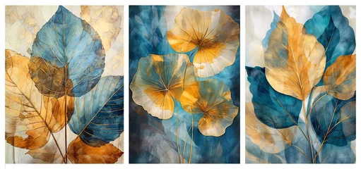 Fotobehang Set of golden and blue tree leaves on white background. Great for wall art and home decor. Set of three watercolor transparent golden dark blue leaves on white background illustration. Ai generative. © Margaret
