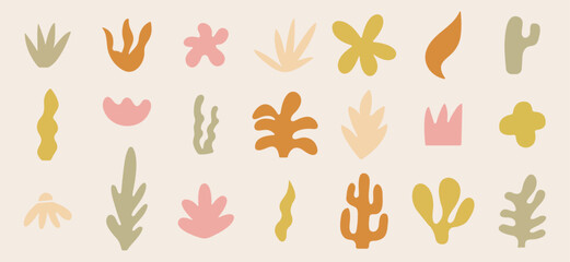 Obraz na płótnie Canvas Set of abstract organic shapes inspired by matisse. Plants, cactus, leaf, algae, vase in paper cut collage style. Contemporary aesthetic vector element for logo, decoration, print, cover, wallpaper