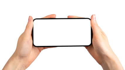 Two hands holding smartphone, blank screen mockup frame, isolated on white background