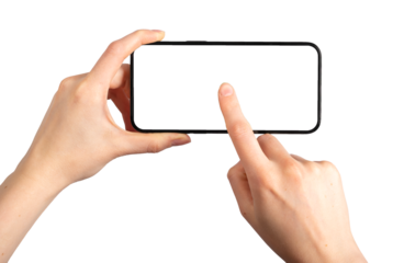 Hand holding smartphone, finger clicking on blank screen mock-up, mobile phone display for playing video, isolated on white background