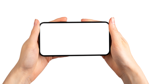 Two hands holding smartphone, blank screen mockup frame, isolated on white background