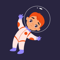 Space Adventure with Little Boy Astronaut in Spacesuit Exploring Galaxy Vector Illustration