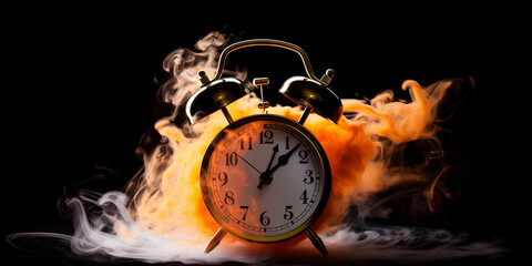 Concept of time. Clock on fire exploding. Watch on fire. Generative AI.