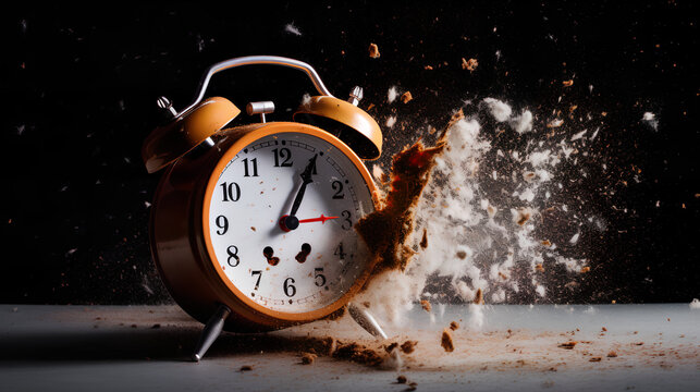 A alarm clock exploding. Concept of time. Time is up.