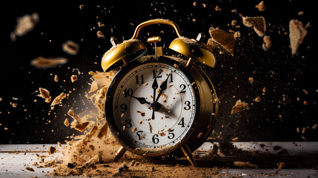 A alarm clock exploding. Concept of time. Time is up.