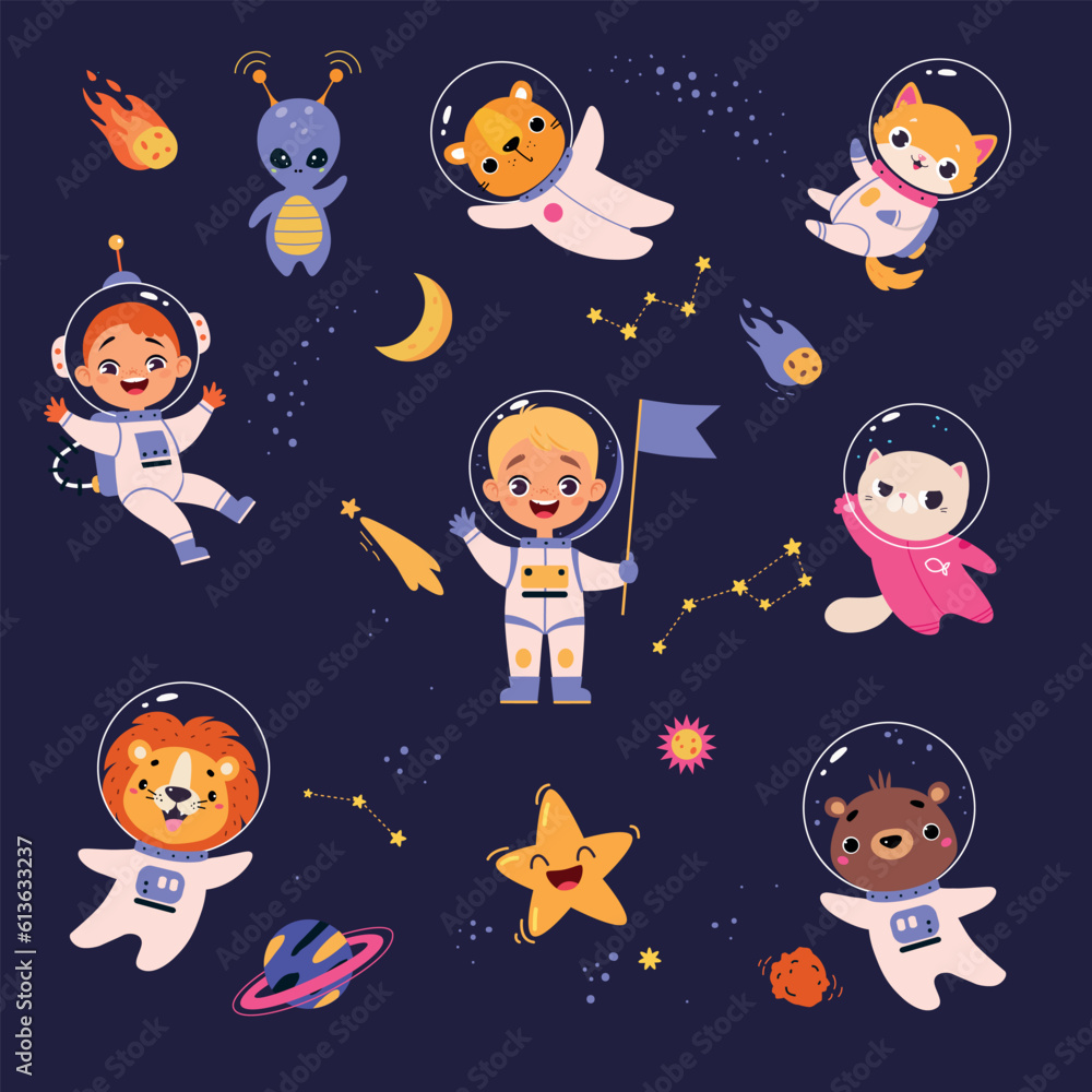 Poster kids and animal in space floating in spacesuit vector set