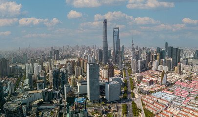 Fototapeta na wymiar The drone aerial view of Lujiazui financial and trade zone, Pudong, Shanghai, China.