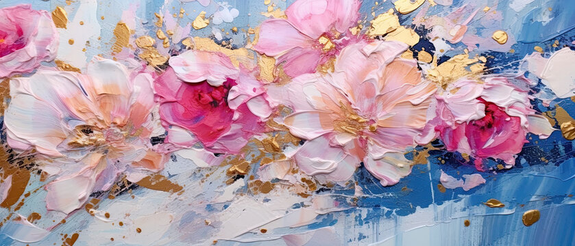 pintura abstracta de trazos gruesos con flores de colores rosas y azules pastel,  concepto celebraciones, boda, cumpleaños, san valentin, decoraciones, dia de la madre