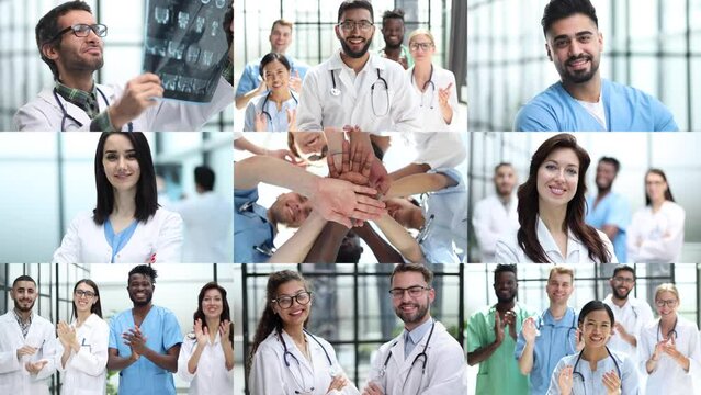 Multi-ethnic professional doctors holding hands together