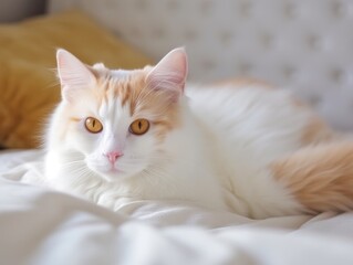 A big beautiful cat lies on the bed and looks at you. Happy fluffy pet. Turkish Van breed. Bright room, modern interior. Soft light