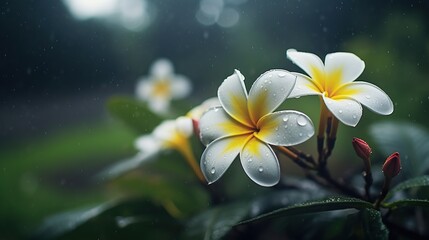 Fototapeta na wymiar Frangipani flower with misty rainy season Generative AI