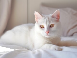 A big beautiful cat lies on the bed and looks at you. Happy fluffy pet. Turkish Van breed. Bright room, modern interior. Soft light