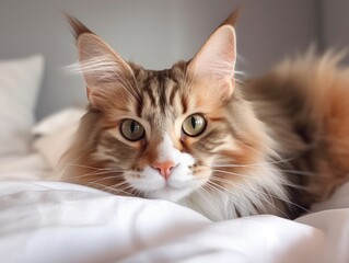 A big beautiful cat lies on the bed and looks at you. Happy fluffy pet. Maine Coon breed. Bright room, modern interior. Soft light