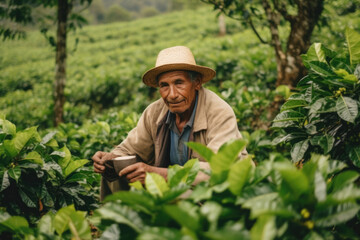 Naklejka na ściany i meble farmer on arabica coffee plantation , AI Generative
