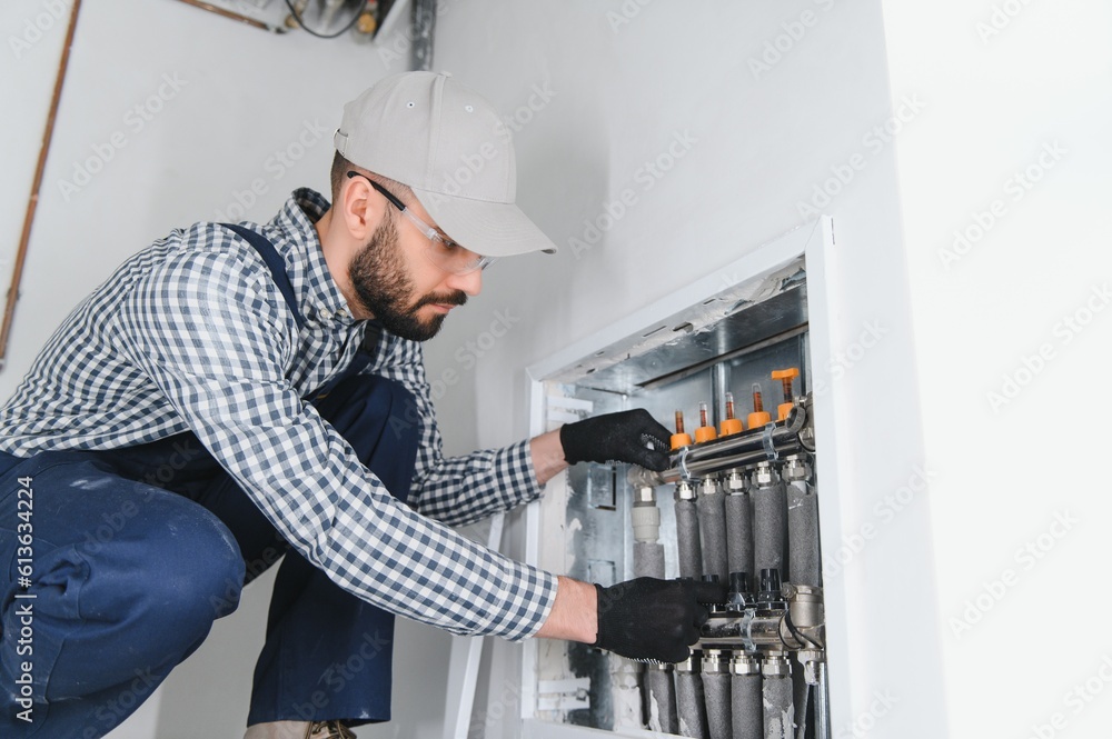 Wall mural Young engineer adjusting autonomous heating