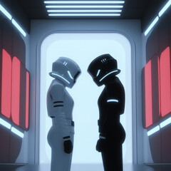 Two futuristic sci-fi robots in love