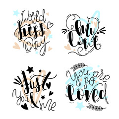 Love lettering quotes. Romantic valentines day messages, handwritten lettering romantic phrases. Positive love quote vector illustration set.