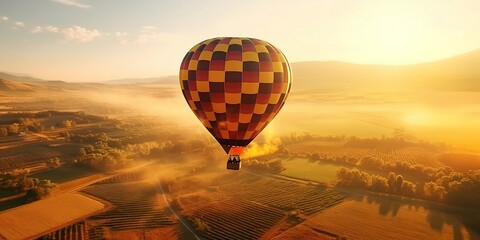 The hot air balloon flies over the fields at dawn. The concept of entertainment for tourists. Created with generative AI tools