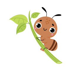 Cute Brown Little Ant Climb Grass Blade Vector Illustration