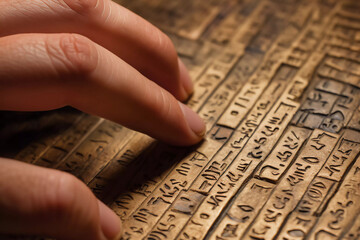 Main qui décode un hiéroglyphe. Photo générée par IA - obrazy, fototapety, plakaty