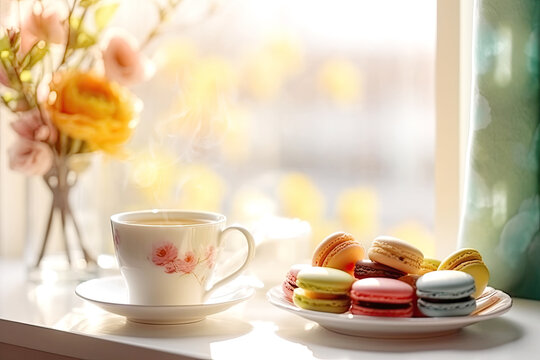 Cup of Tea Coffee and Colorful Macaroons Dessert on White Plate Against Blurred Sunny Window, generative ai