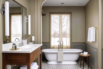 Country bathroom decor, interior design and home improvement, bathtub and bathroom furniture, country cottage style in winter, generative ai